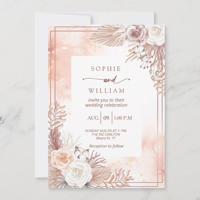 modern Golden light pink roses wedding Invitation (Front)