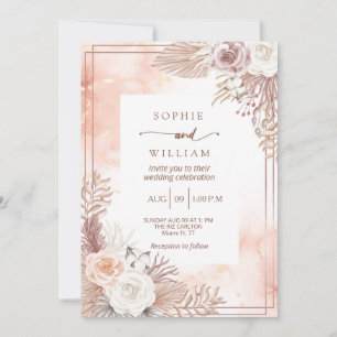 modern Golden light pink roses wedding Invitation