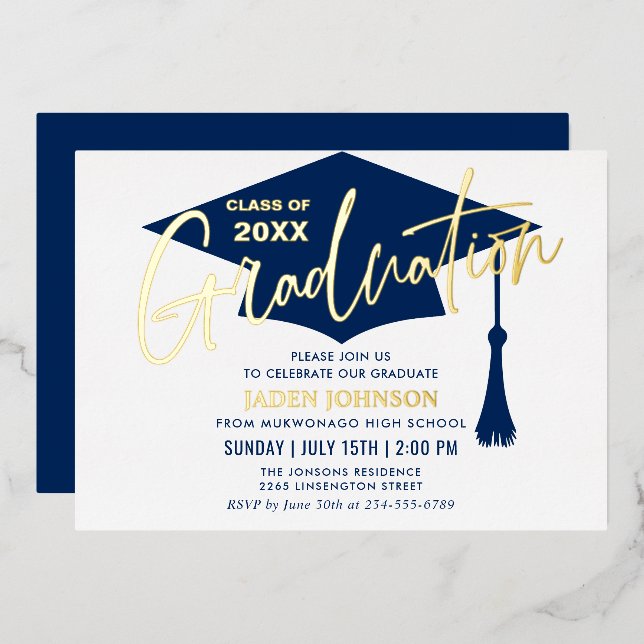 Modern Golden Navy Blue Graduation Party Foil (Front/Back)