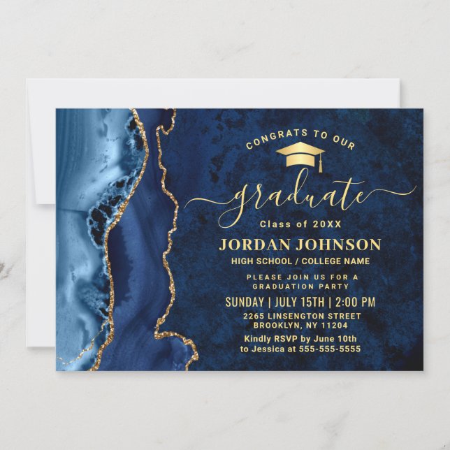 Modern Golden Navy Blue Graduation Party QR code Invitation (Front)