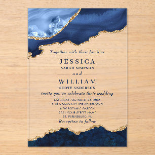 Modern Golden Navy Blue Marble Agate Wedding Acrylic Invitations