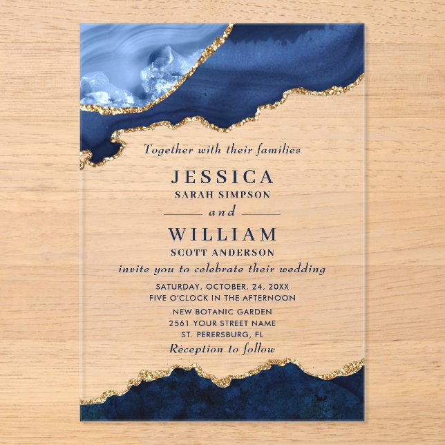 Modern Golden Navy Blue Marble Agate Wedding Acrylic Invitations (Front)