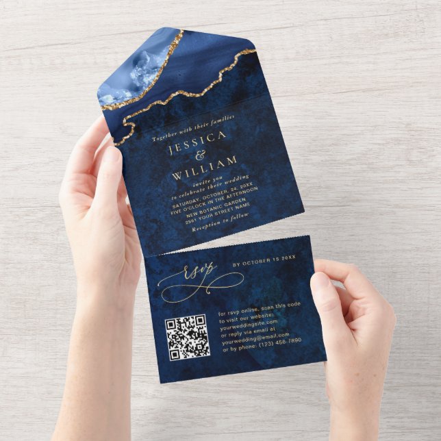 Modern Golden Navy Blue Marble Agate Wedding All In One Invitation (Tearaway)