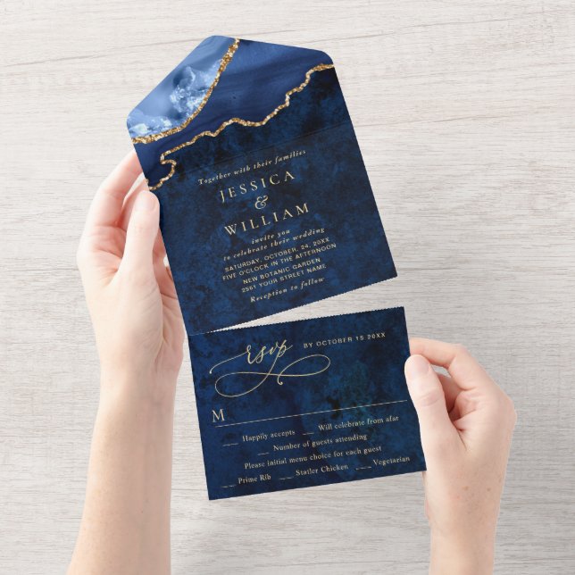 Modern Golden Navy Blue Marble Agate Wedding All In One Invitation (Tearaway)