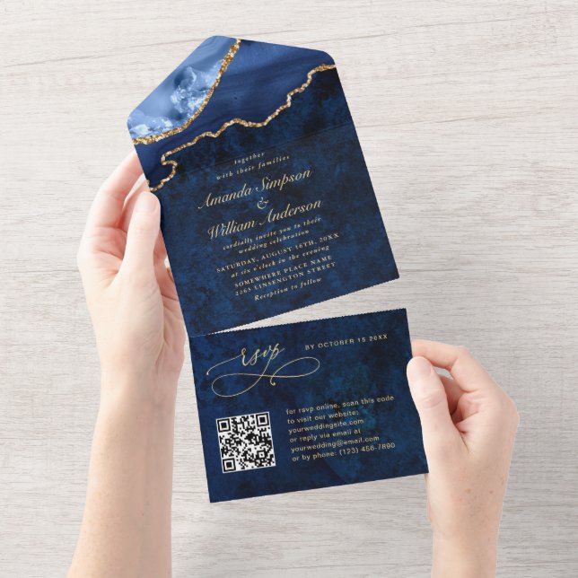 Modern Golden Navy Blue Marble Agate Wedding All In One Invitation (Tearaway)