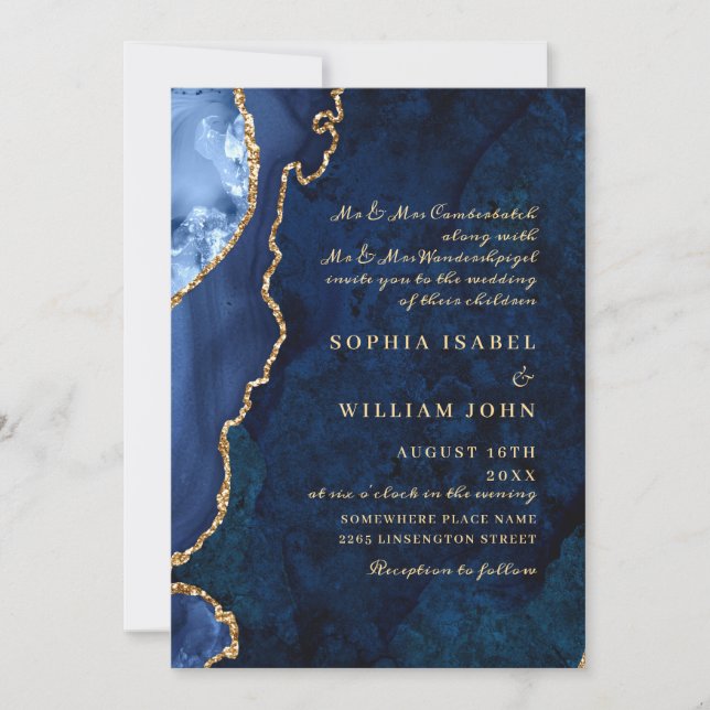 Modern Golden Navy Blue Marble Agate Wedding Invitation (Front)