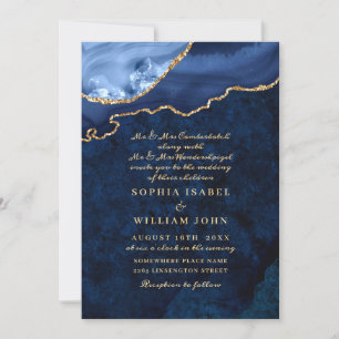 Modern Golden Navy Blue Marble Agate Wedding Invitation