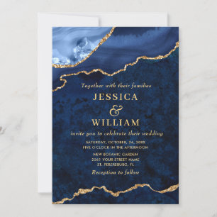 Modern Golden Navy Blue Marble Agate Wedding Invitation