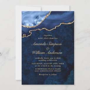 Modern Golden Navy Blue Marble Agate Wedding Invitation