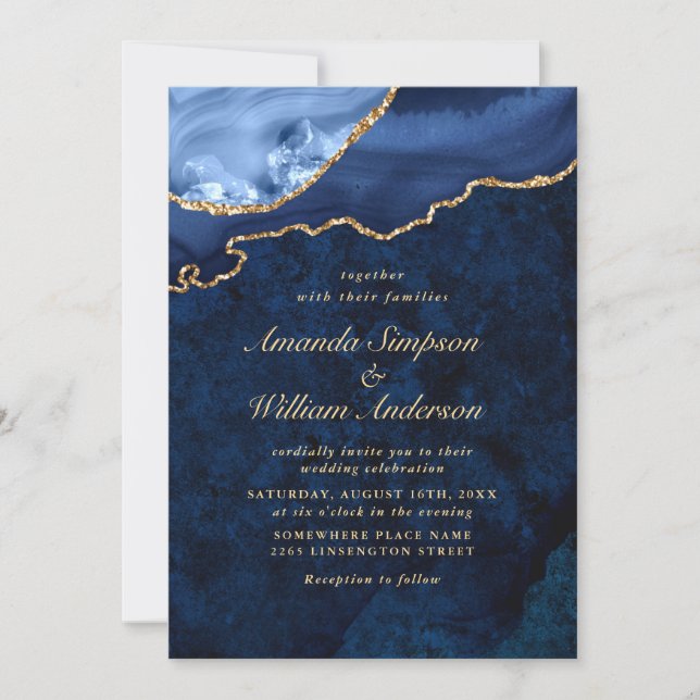 Modern Golden Navy Blue Marble Agate Wedding Invitation (Front)