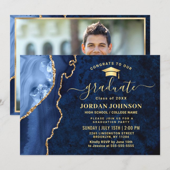 Modern Golden Navy Blue Marble Graduation Party In Invitation (Front/Back)