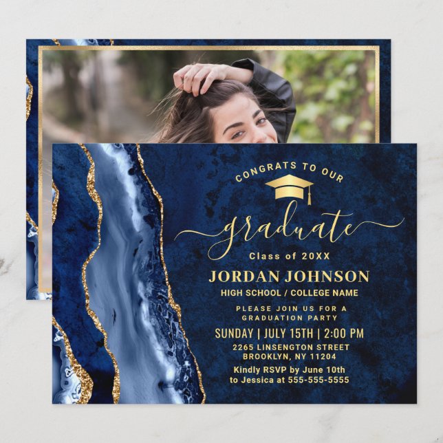 Modern Golden Navy Blue Marble Graduation Party Invitation (Front/Back)