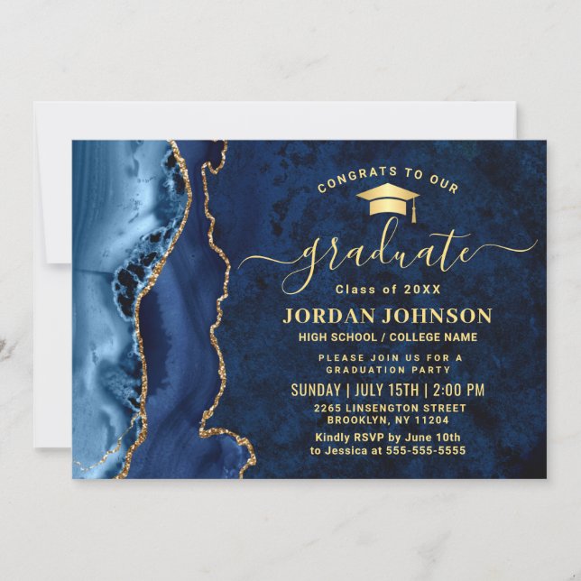 Modern Golden Navy Blue Marble Graduation Party Invitation (Front)