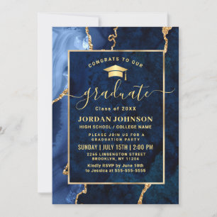Modern Golden Navy Blue Marble Graduation Party Invitation