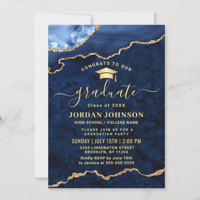 Modern Golden Navy Blue Marble Graduation Party  Invitation (Front)