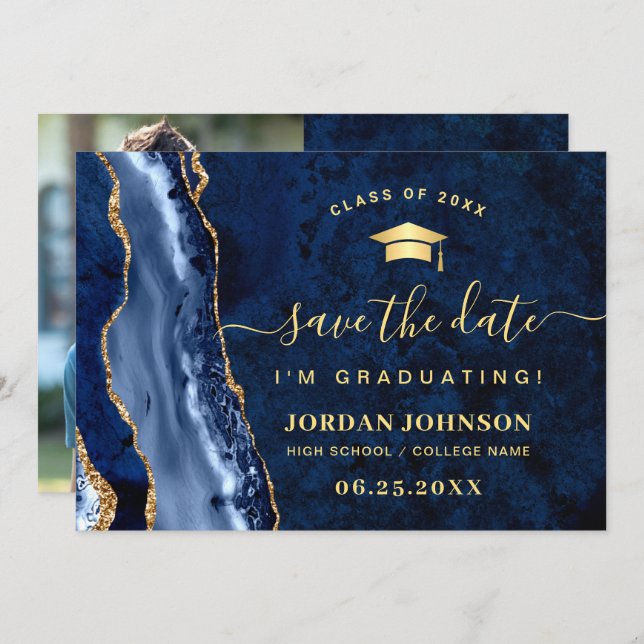 Modern Golden Navy Blue Marble Graduation QR code Save The Date (Front/Back)
