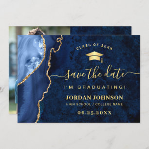 Modern Golden Navy Blue Marble Graduation QR Save The Date