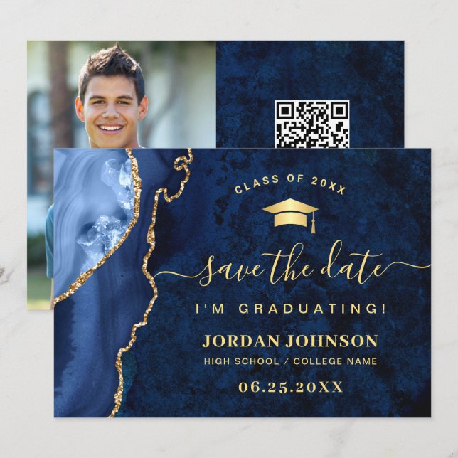 Modern Golden Navy Blue Marble Graduation QR Save The Date (Front/Back)