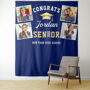 Modern Golden Navy Graduation Photo Booth Backdrop Tapestry