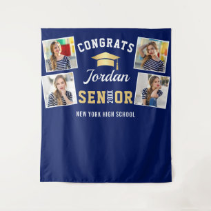 Modern Golden Navy Graduation Photo Booth Backdrop Tapestry