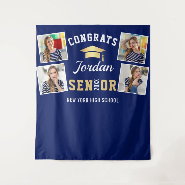 Modern Golden Navy Graduation Photo Booth Backdrop Tapestry (Front)