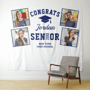 Modern Golden Navy Graduation Photo Booth Backdrop Tapestry