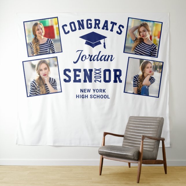 Modern Golden Navy Graduation Photo Booth Backdrop Tapestry (In Situ (Horizontal))