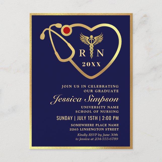 Modern Golden Navy Nursing Graduation Invitation Postcard (Front)