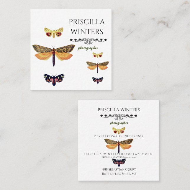 Modern Golden Painted Butterflies Pattern  Square Business Card (Front/Back)