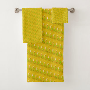 Modern Golden Palm Yellow Floral Pattern Bath Towel Set