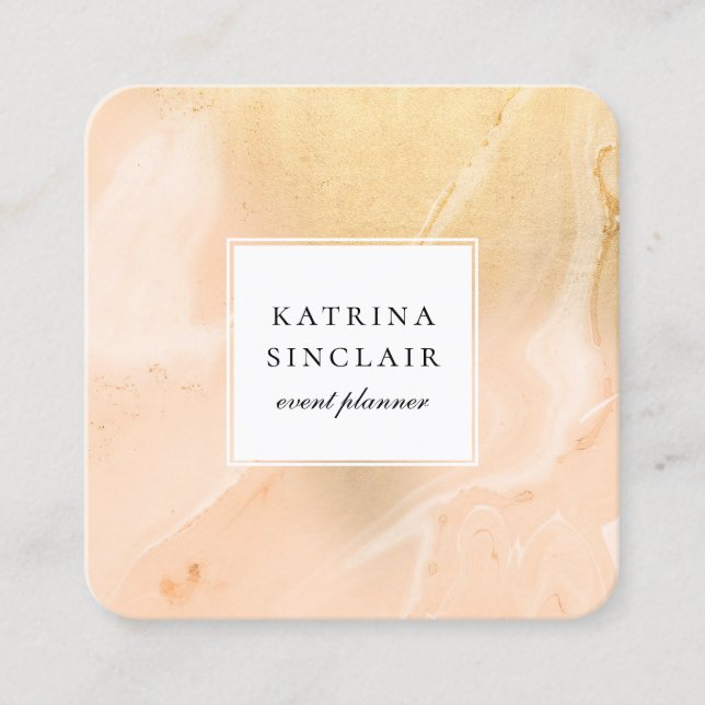 Modern Golden Peach Marble Pattern Square Business Card (Front)