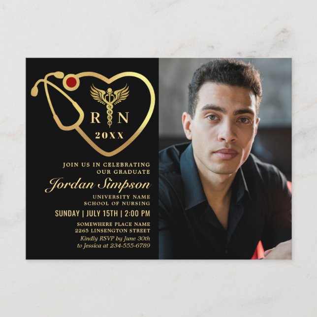 Modern Golden PHOTO Nursing Graduation Invitation Postcard (Front)