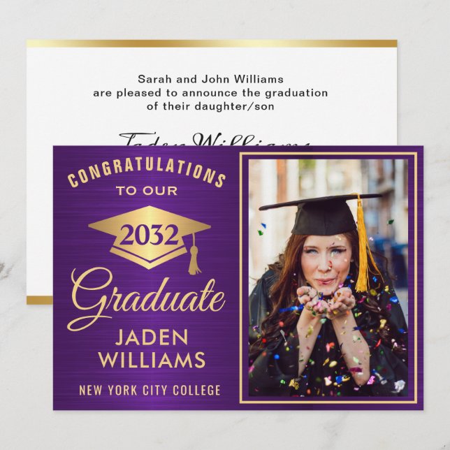 Modern Golden Purple PHOTO Graduation Invitation (Front/Back)