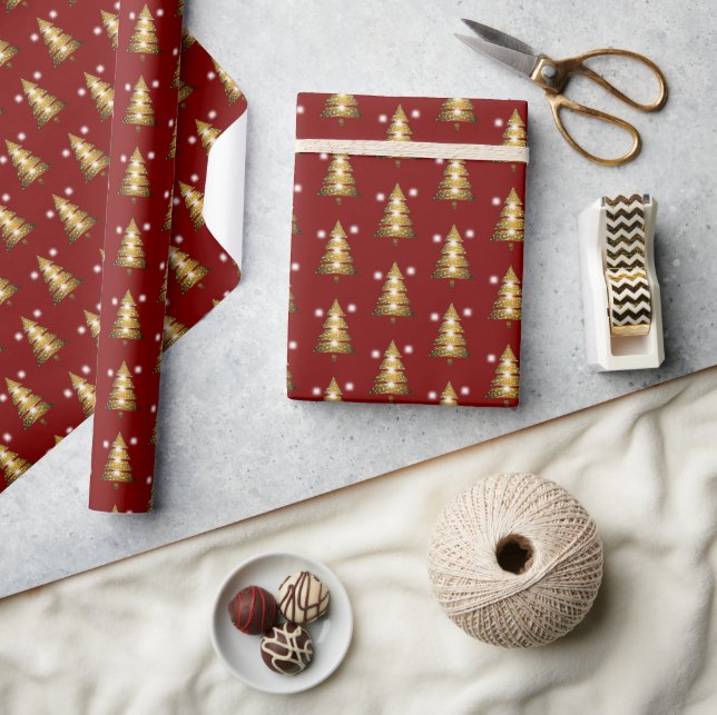 Modern Golden Red Christmas Tree  Wrapping Paper (Crafts)