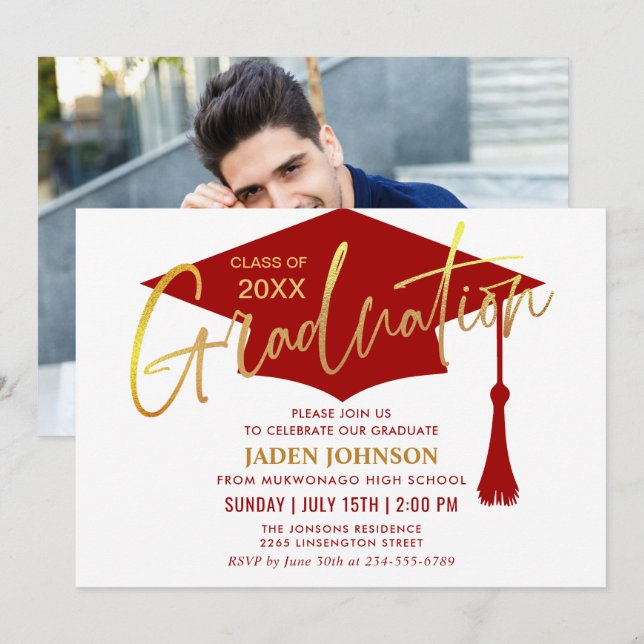 Modern Golden Red Graduation Party Invitation (Front/Back)