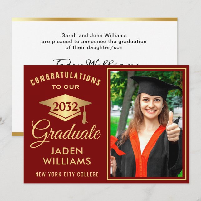 Modern Golden Red PHOTO Graduation Invitation (Front/Back)