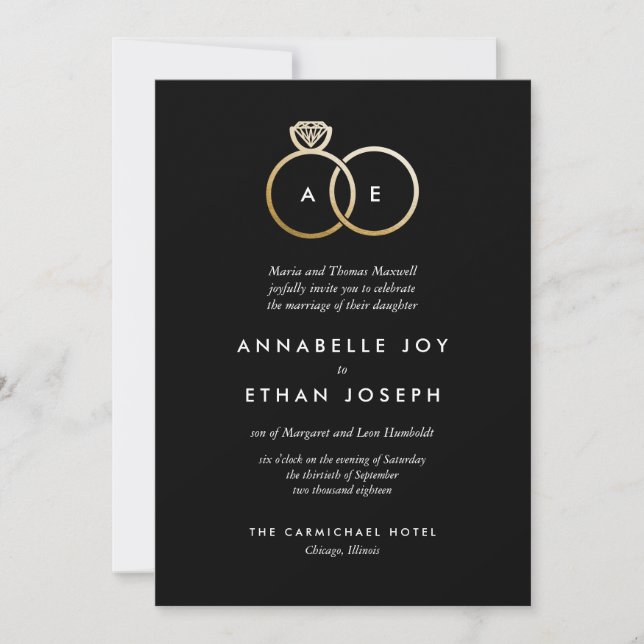 Modern Golden Rings Wedding Invitation (Front)