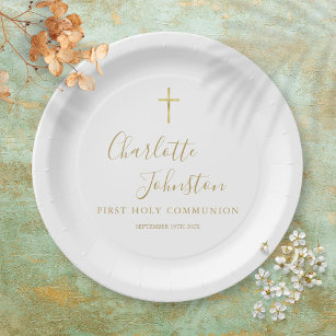Modern Golden Signature First Holy Communion Paper Plate