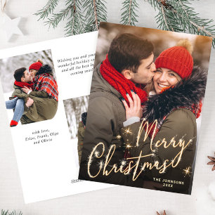 Modern Golden Sparkler Christmas 3 PHOTO Greeting Holiday Card