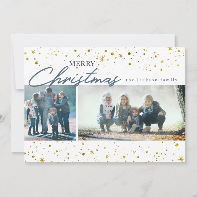 Modern golden stars on white Christmas greeting Holiday Card (Front)