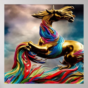 Modern Golden teal and red horse abstract 2 Poster