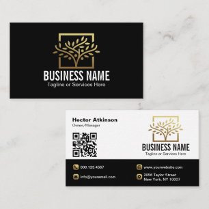 Modern Golden Tree Landscape Services QR Code Business Card