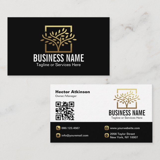 Modern Golden Tree Landscape Services QR Code Business Card (Front/Back)
