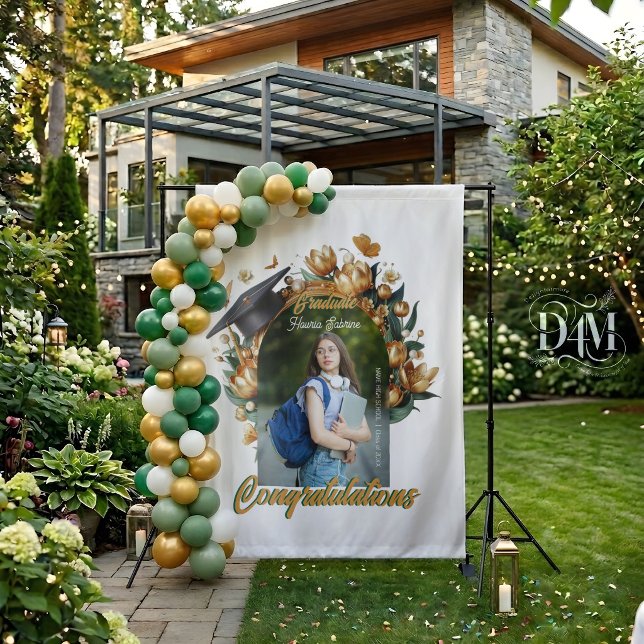 Modern Golden Tulips Border Graduation Backdrop Tapestry (Creator Uploaded)
