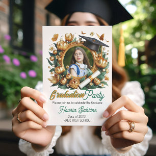 Modern Golden Tulips Border Graduation Invitations