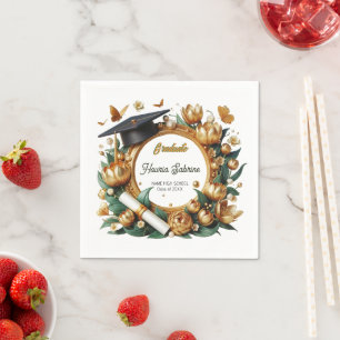 Modern Golden Tulips Floral Border Graduation Napkin