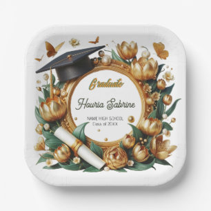 Modern Golden Tulips Floral Border Graduation Paper Plate