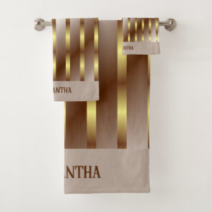 Modern Golden Vertical Lines Brown Gradient Bath Towel Set
