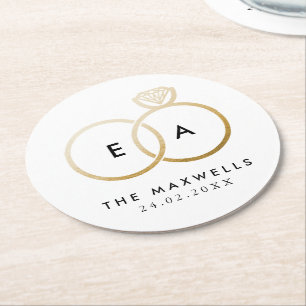 Modern Golden Wedding Rings Reception Round Paper Coaster