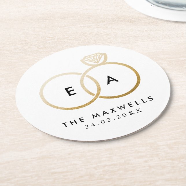 Modern Golden Wedding Rings Reception Round Paper Coaster (Angled)